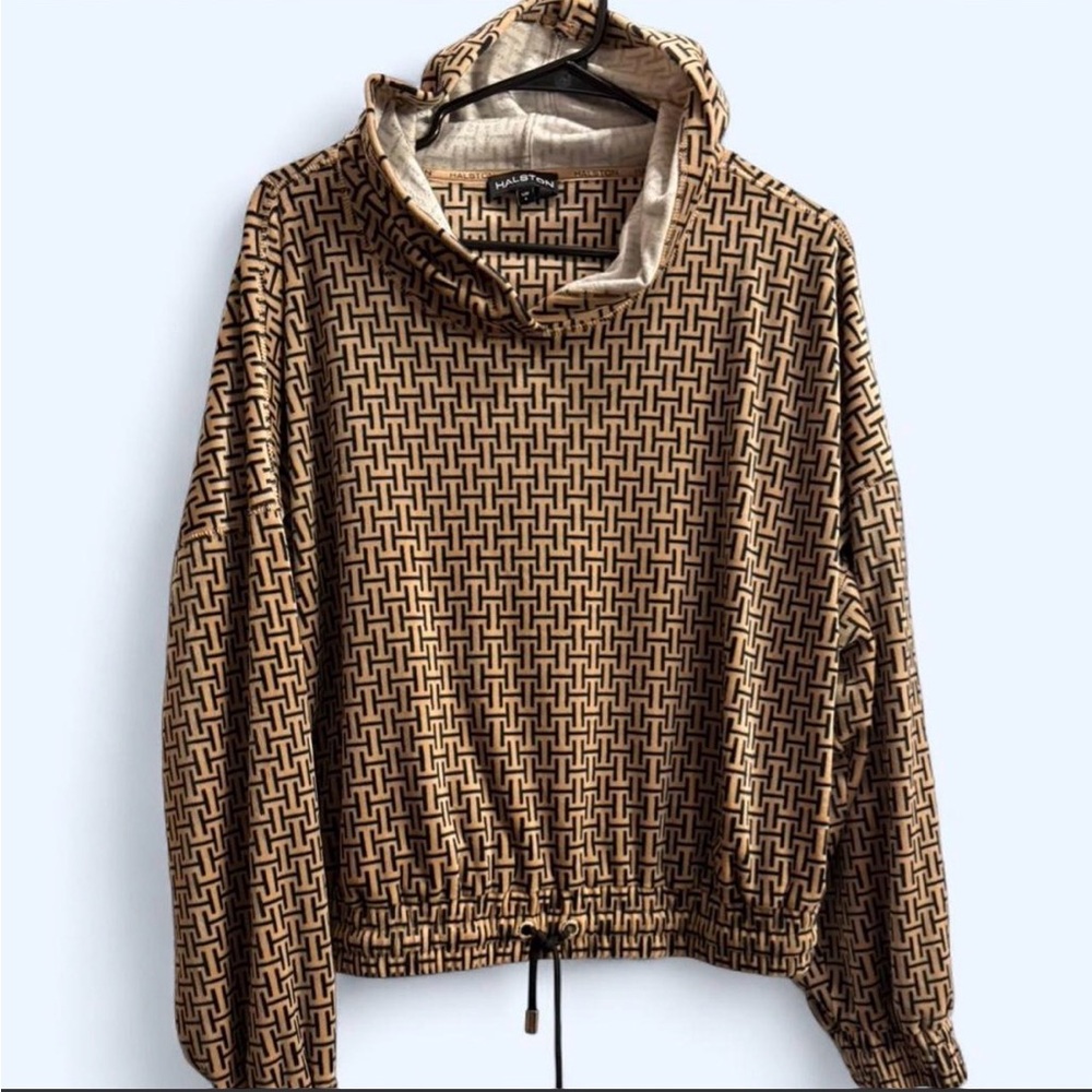 Halston Heritage Monogram Hoodie Brown Black Geometric Logo Pullover SZ Large
